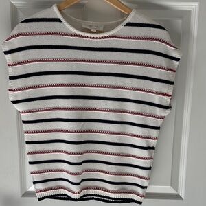 Women's Striped Crew Neck Sweater, Capped Sleeve- Red, White and Blue Size Small